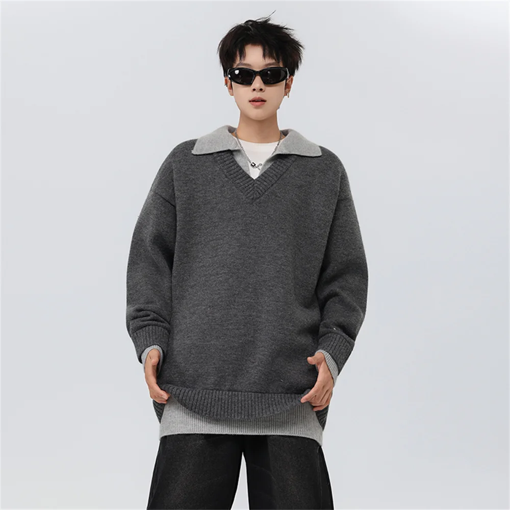 

Men's autumn and winter Polo knitted sweater, retro lapel Polo style knitted sweater two-piece set, high-quality V-neck sweater