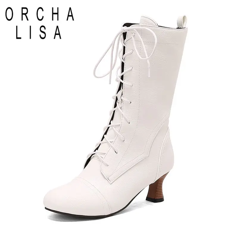 

ORCHA LISAЖенские повседневные ботильоны до середины икры с круглым носком и небольшим каблуком 5,5 см, размеры на шнуровке 47, 48, 49 50, винтажные повседневные ботильоны