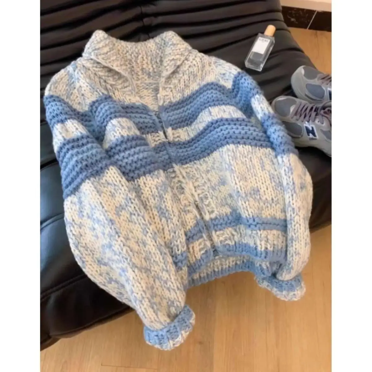 

Korean Lazy Style Beautiful Blue Striped Collar Cozy Knitted Sweater Cardigan Outerwear Autumn Winter Women's New Top Trendy