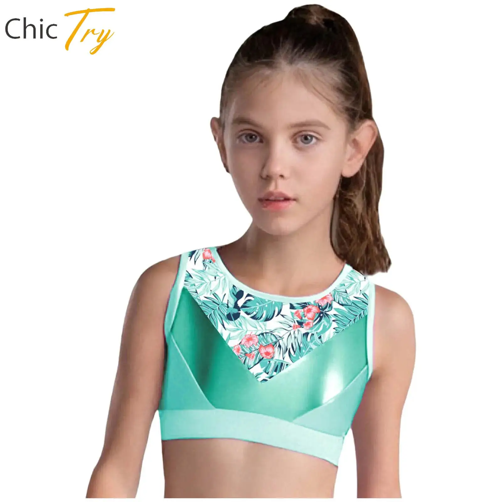 

Kids Vest Girl Yoga Gymnastics Dance Costume Athletic sports Vest Round Neck Sleeveless Metallic Printed Patchwork Crop Tank Top