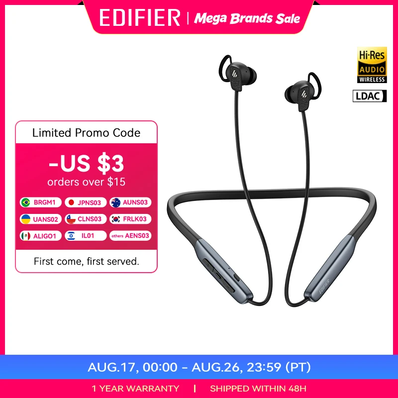 Edifier W280NB Pro Wireless Noise Cancelling Neckband Headphones Bluetooth V5.4 Hi-Res LDAC Sport Earphones IP55 Waterproof