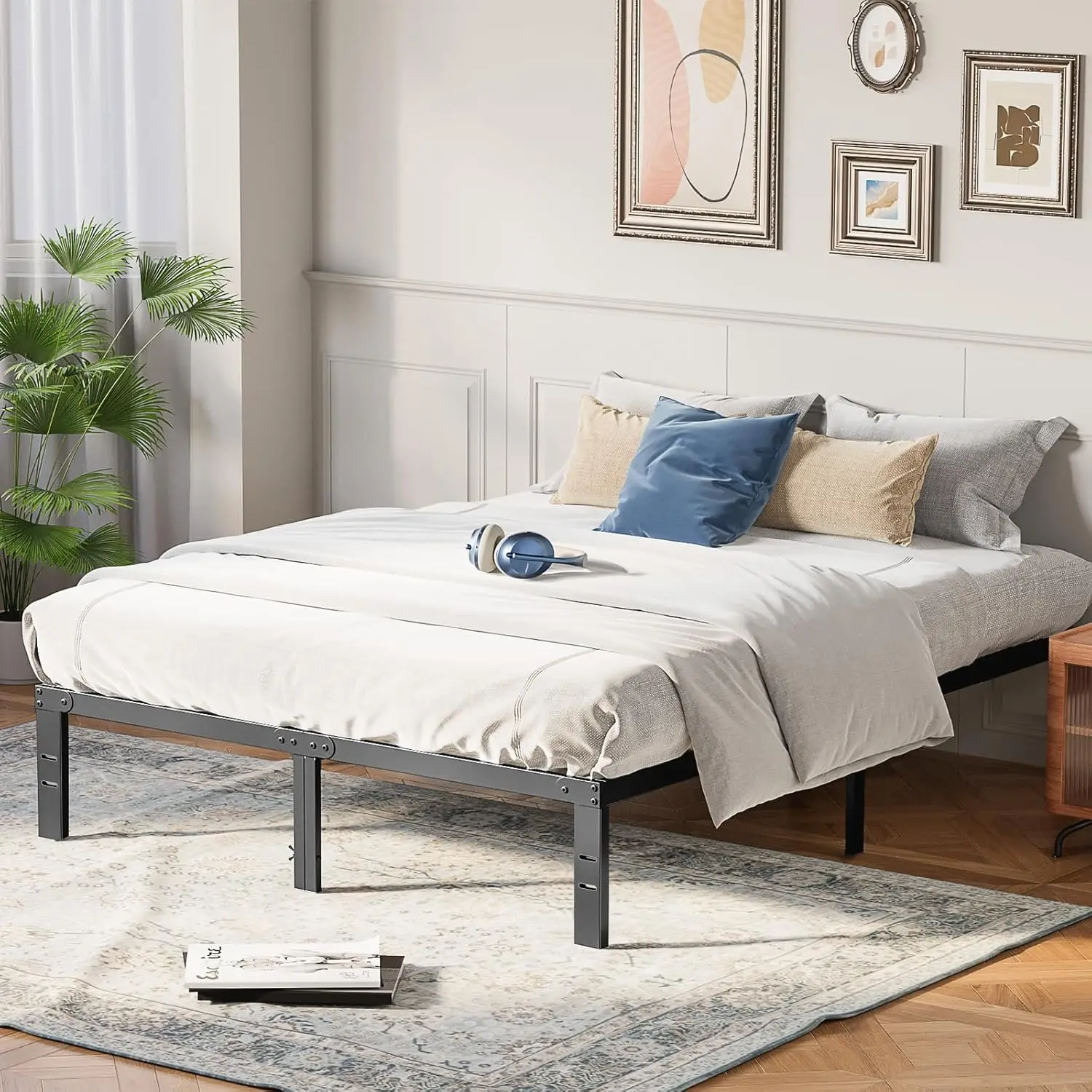 Metal Queen Bed Frame 14in High with Storage Space No Box Spring Needed Heavy Duty 2200LBS for Easy Assembly Black