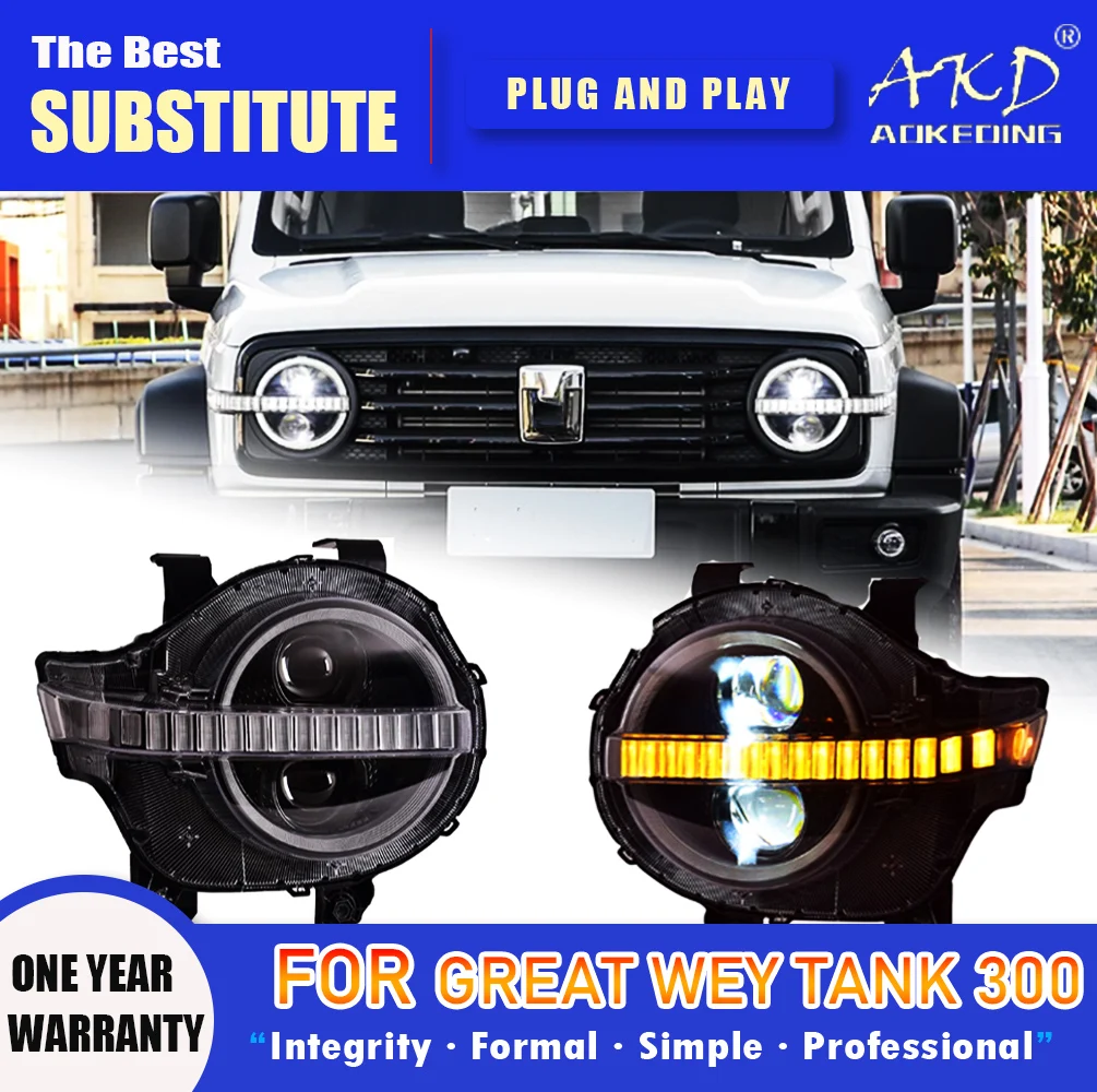 AKD Head Lamp for Great WEY Tank 300 LED Headlight 2021-2024 Headlights Tank DRL Turn Signal High Beam Angel Eye Projector Lens