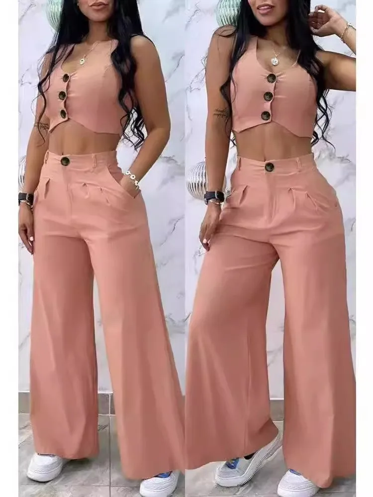 

Women's Simple Solid Color Short Vest Draping High-waisted Wide-leg Trousers Two-piece Set Summer Personality Sleeveless Set