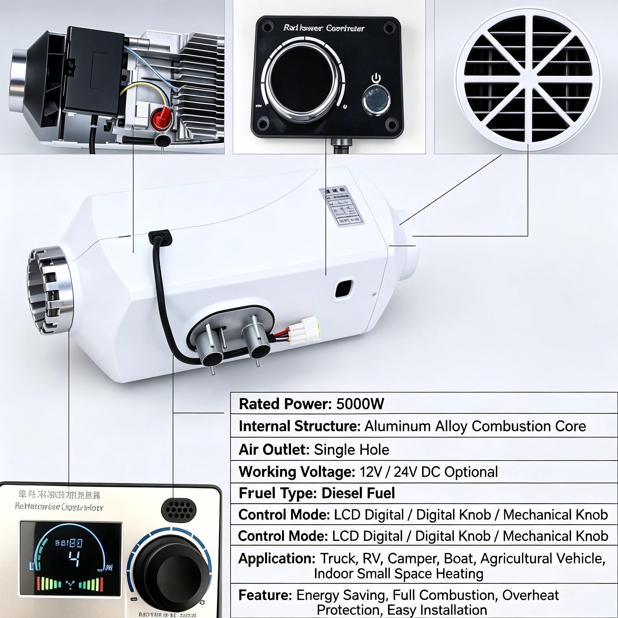 5KW Split Parking Air Heater Aluminum Shell Single Hole Dual Fuel Firewood Diesel Heater For Car Home Use