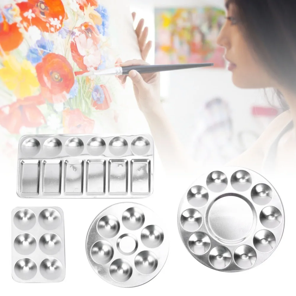 4PCS Aluminum Round Paint Palette Multi-size Polished Mixing Palette 6/10/12 Holes Smooth Inner Art Color Tray Gouache Blending