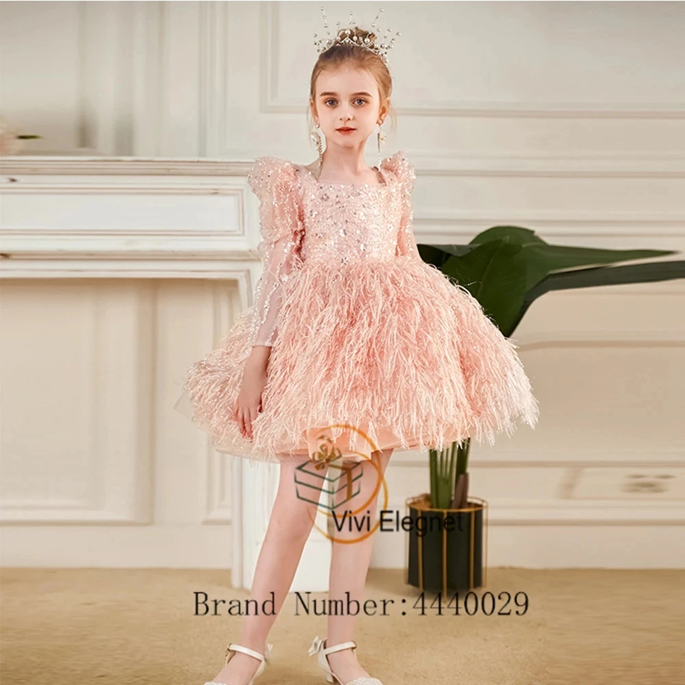 Square Collar Flower Girls Dresses with Feather Full Sleeve Wedding Party Dresses for Kids 2024 Summer Knee Length فلور فتاة الل