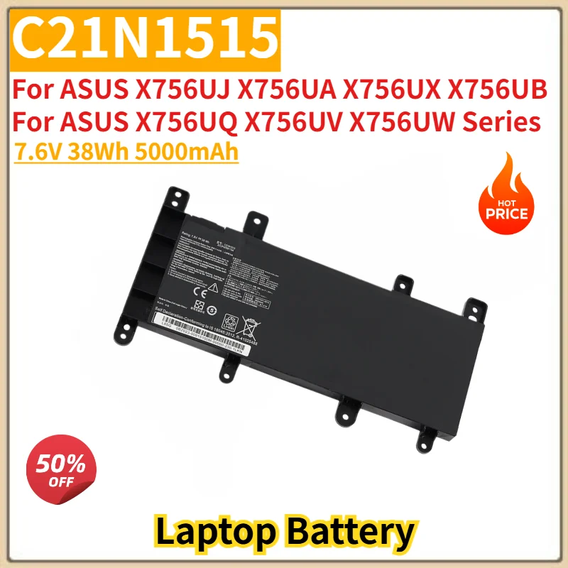 C21N1515 Battery 7.6V 38Wh 5000mAh for Asus X756UJ X756UA X756UX X756UB X756UQ X756UV X756UW Series Laptop Replacement Battery