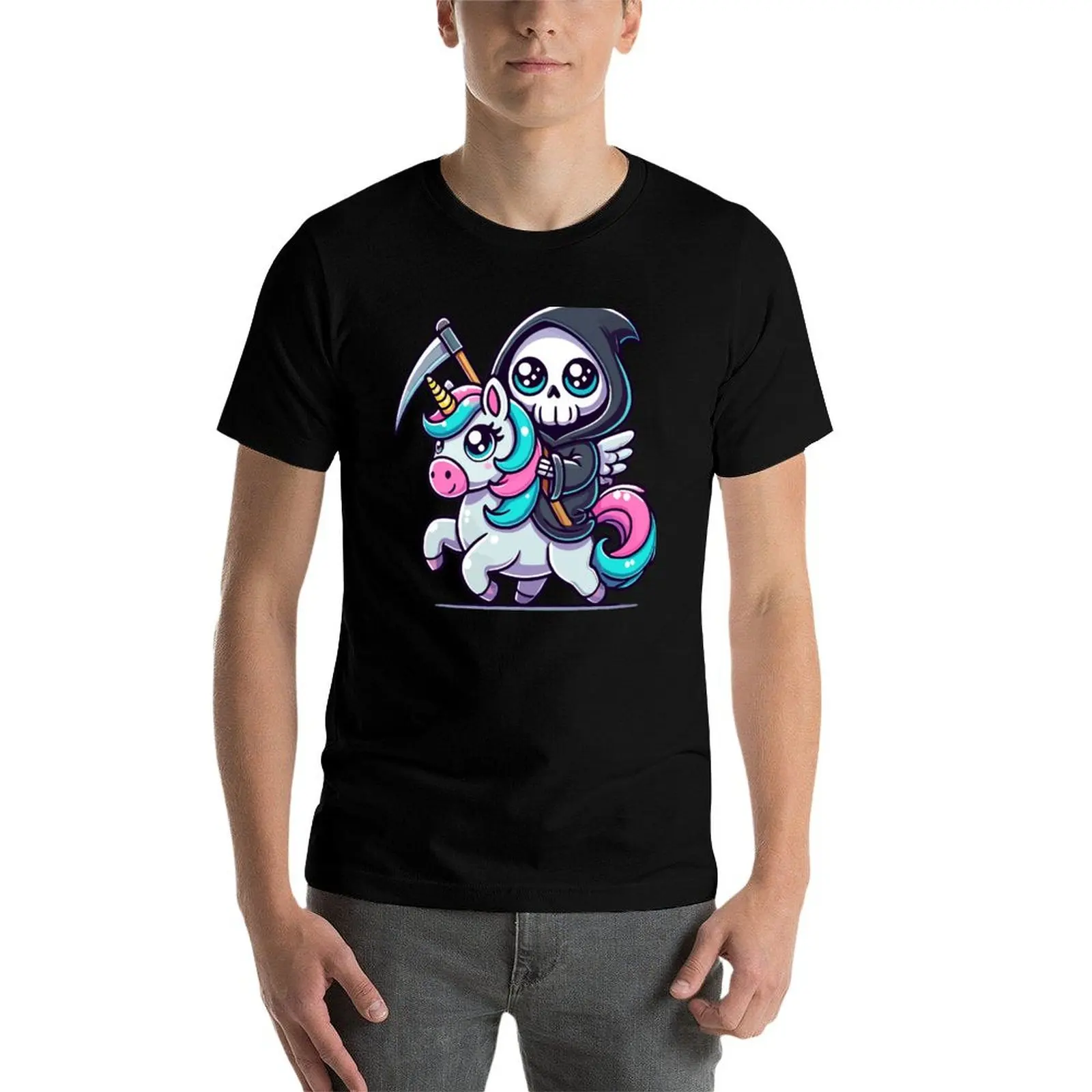 

Cute Grim Reaper Riding a Magical Unicorn T-Shirt anime t shirts oversize cotton tshirt 100% t shirts designer T-Shirt