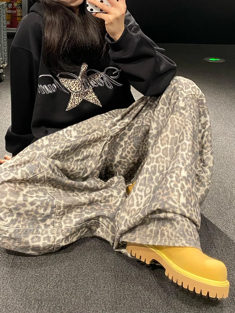 American Lazy Sle Small Size Leopard Print High Waist Wide Leg Jeans Women's Autumn Winter New Retro Loose Fit Trousers