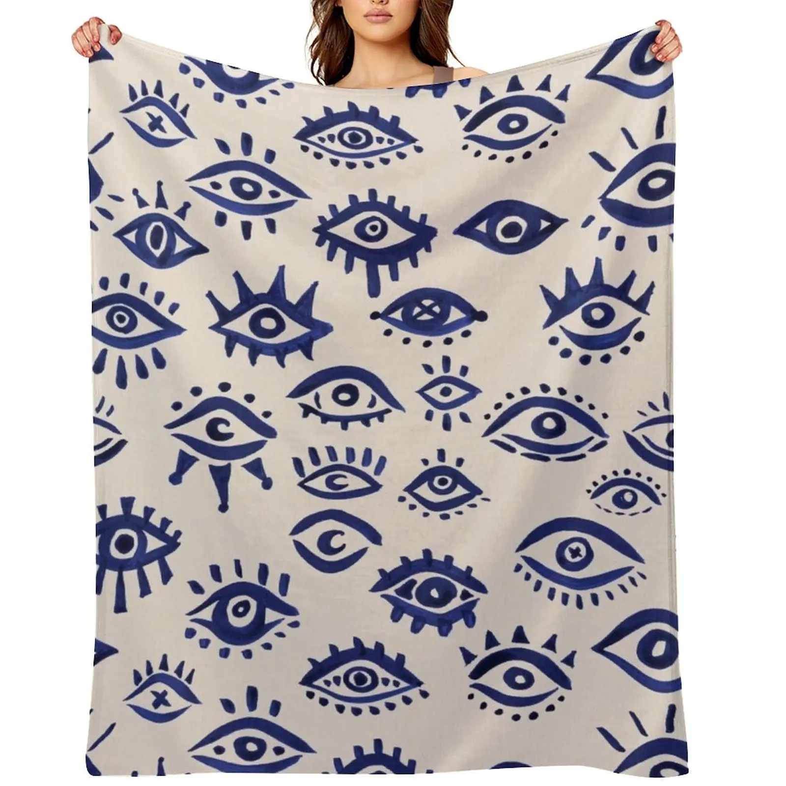 

Mystic Eyes a Navy & Cream Throw Blanket Flannels Bed Fashionable Soft Plaid on the sofa Blankets