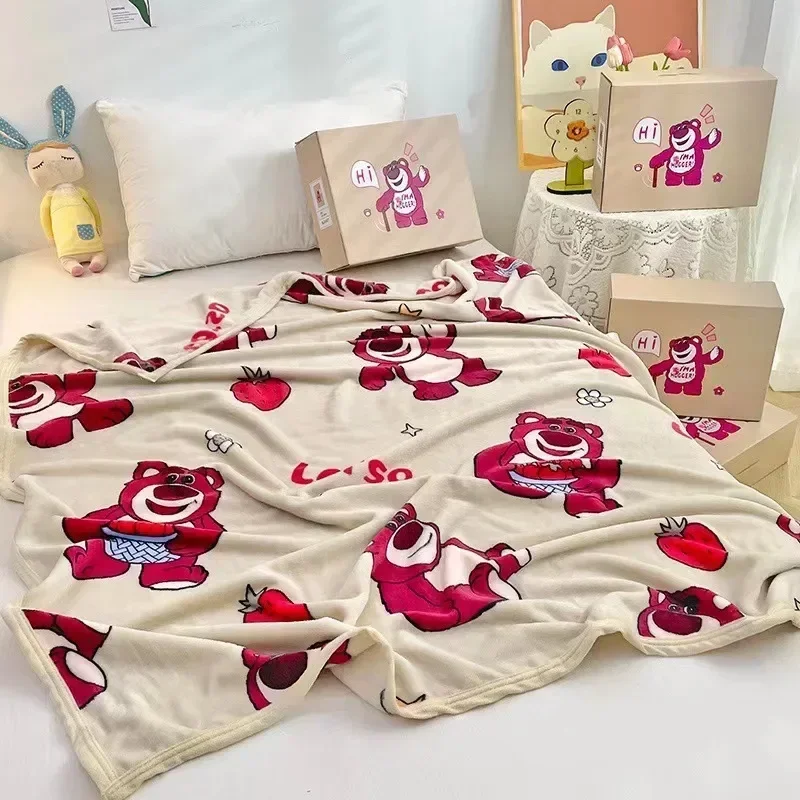 

MINISO Disney Cartoon New Strawberry Bear Lotso Flannel Blanket Milk Velvet Lunch Break Nap Blanket Children's Cover Blanket