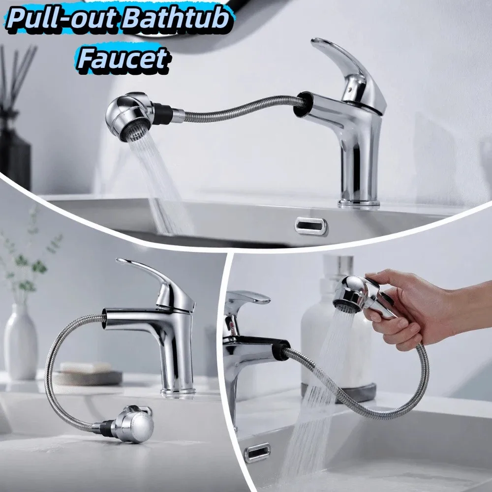 Large Head Design Pull Out Faucet Retractable Pull-Out Structure Premium Sturdy Material Bathroom Sink Faucet