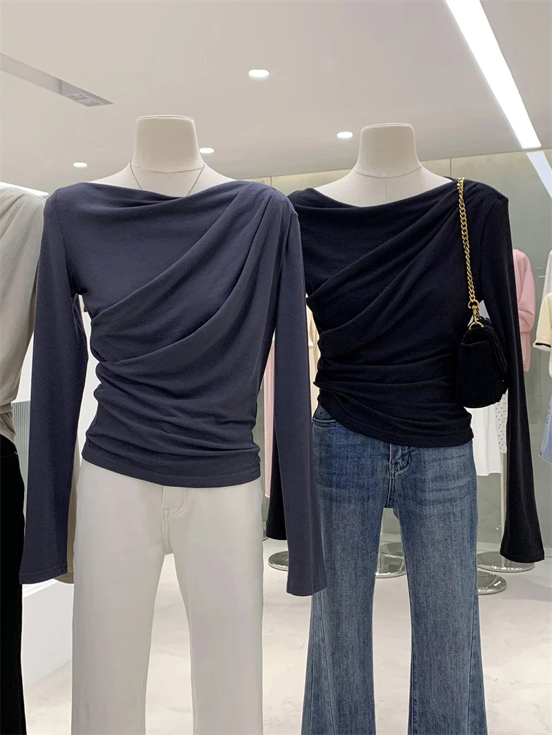 French Italian Mode Casual Long Sleeve T-Shirt Women's Slim Fit Folding Design One Word Collar Autumn Fashion Elegant Style