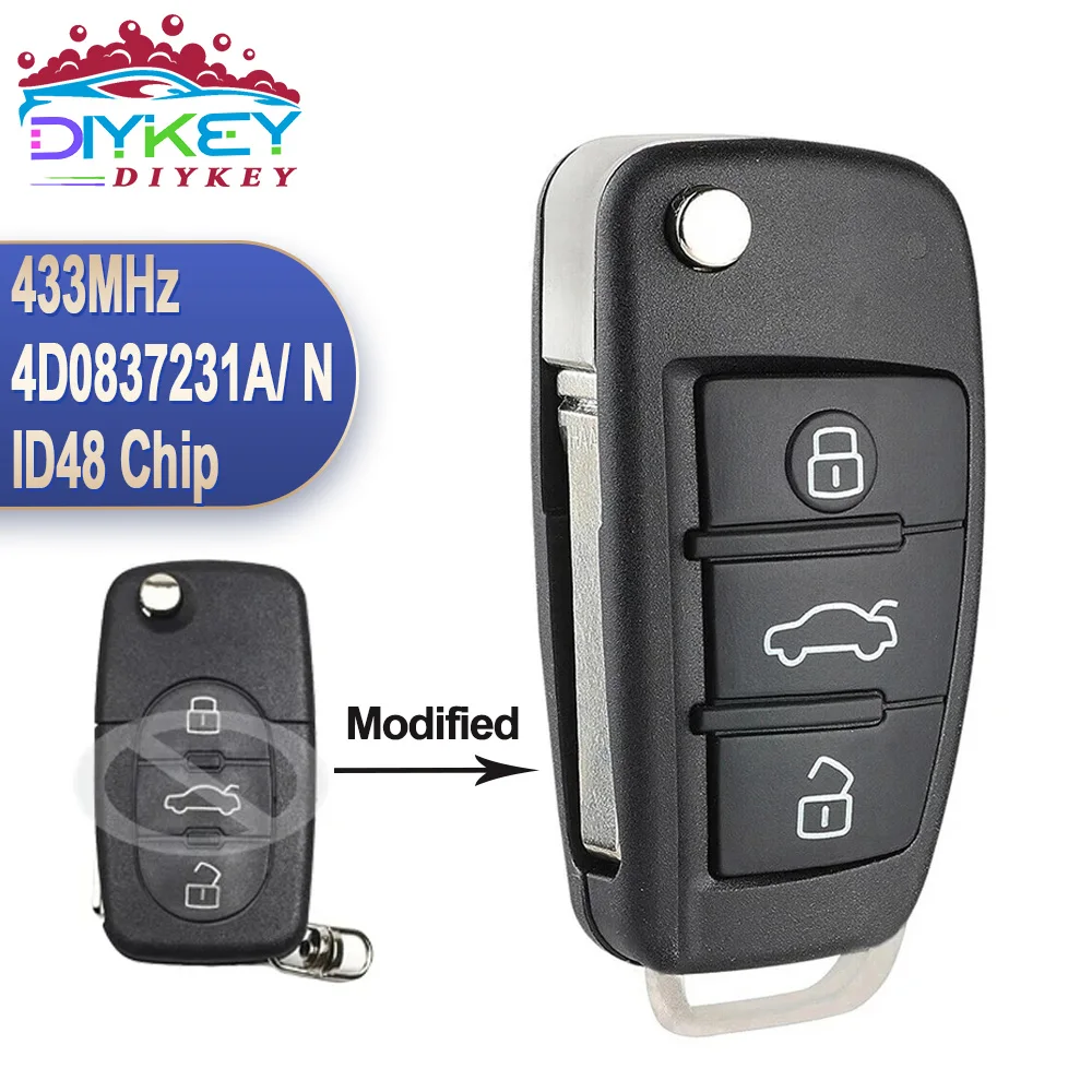 

DIYKEY Upgraded P/N: 4D0837231A 4D0837231N Flip Remote For Audi TT RS4 A3 A4 A6 A8 Quattro 433MHz ID48 Chip Car Key Fob