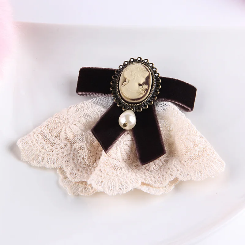 Women New Retro Handmade Lace Imitation Pearl Velvet Sweater Pin Coat Bow Brooch H1294