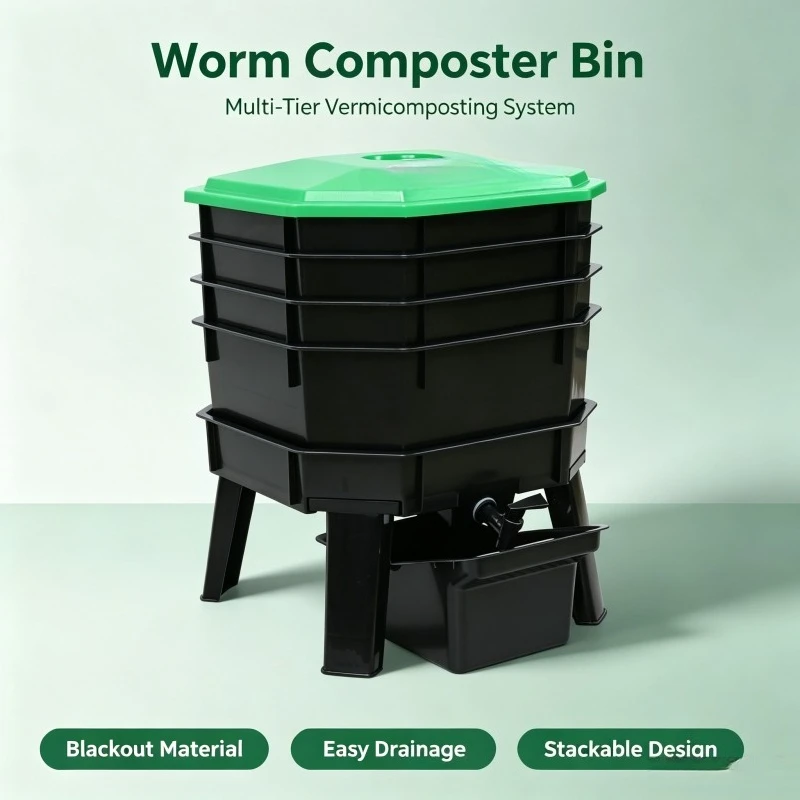 Worm Composter Bin for Kitchen Waste Recycling, Outdoor Large Capacity Vermicomposting Box for Organic Soil & Fertilizer