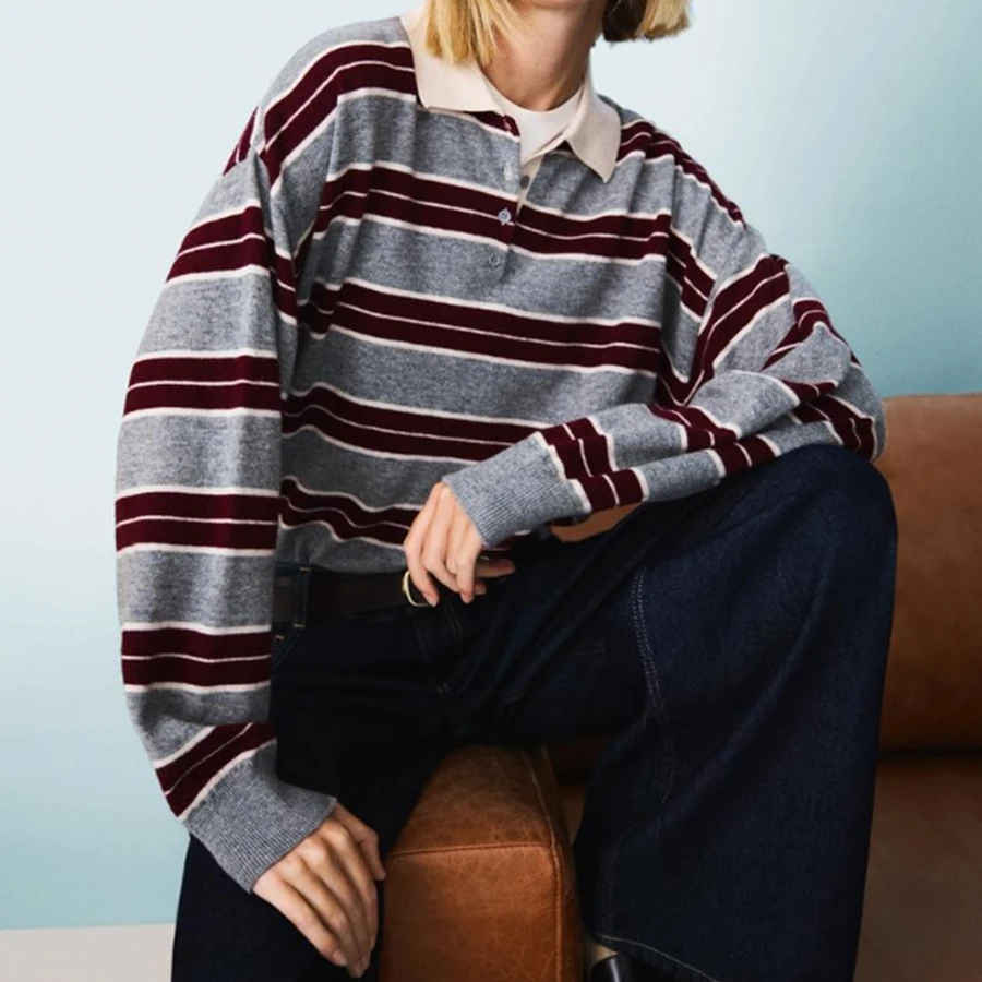 Vintage Women's Striped Gray Burgundy Crewneck Pullover Long Sleeve Fall Sweatshirts Casual Loose Fit Crewneck Sweatshirt