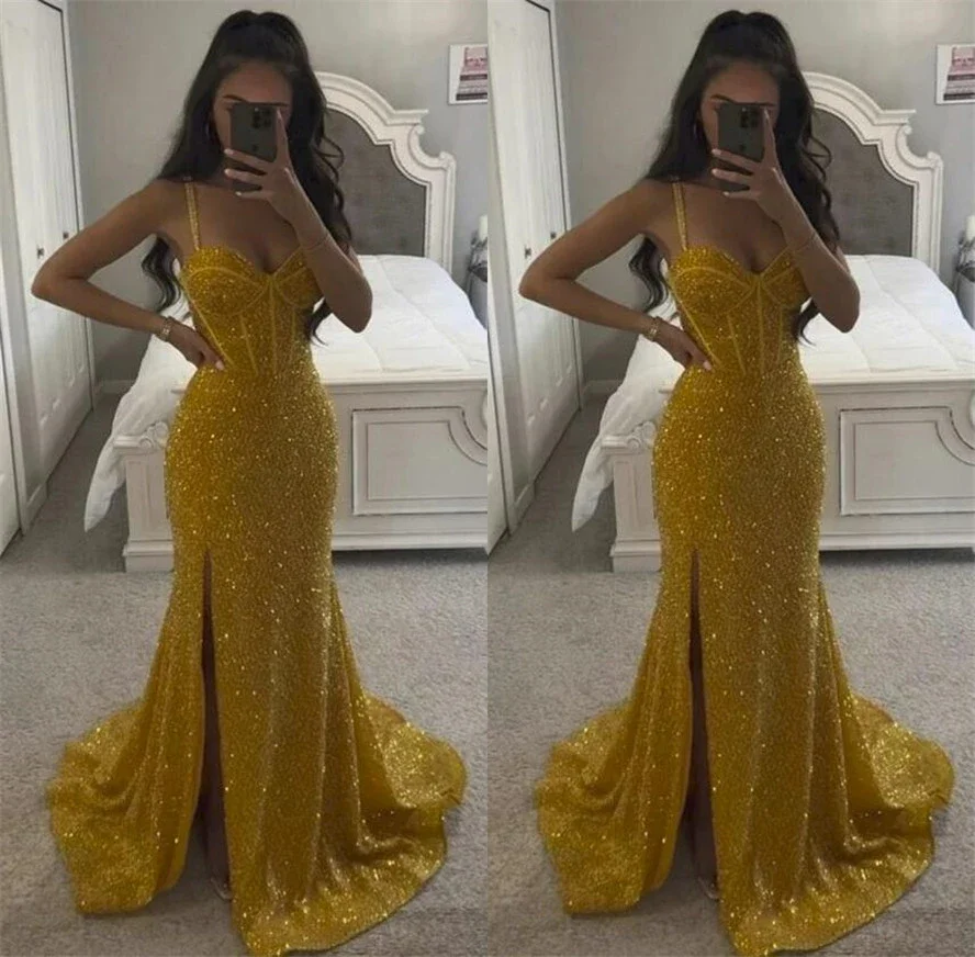 Charming Golden Sequins Prom Dress Mermaid Sweetheart Side Split Formal Women's Evening Dresses Maxi Robe De Soiree 2023