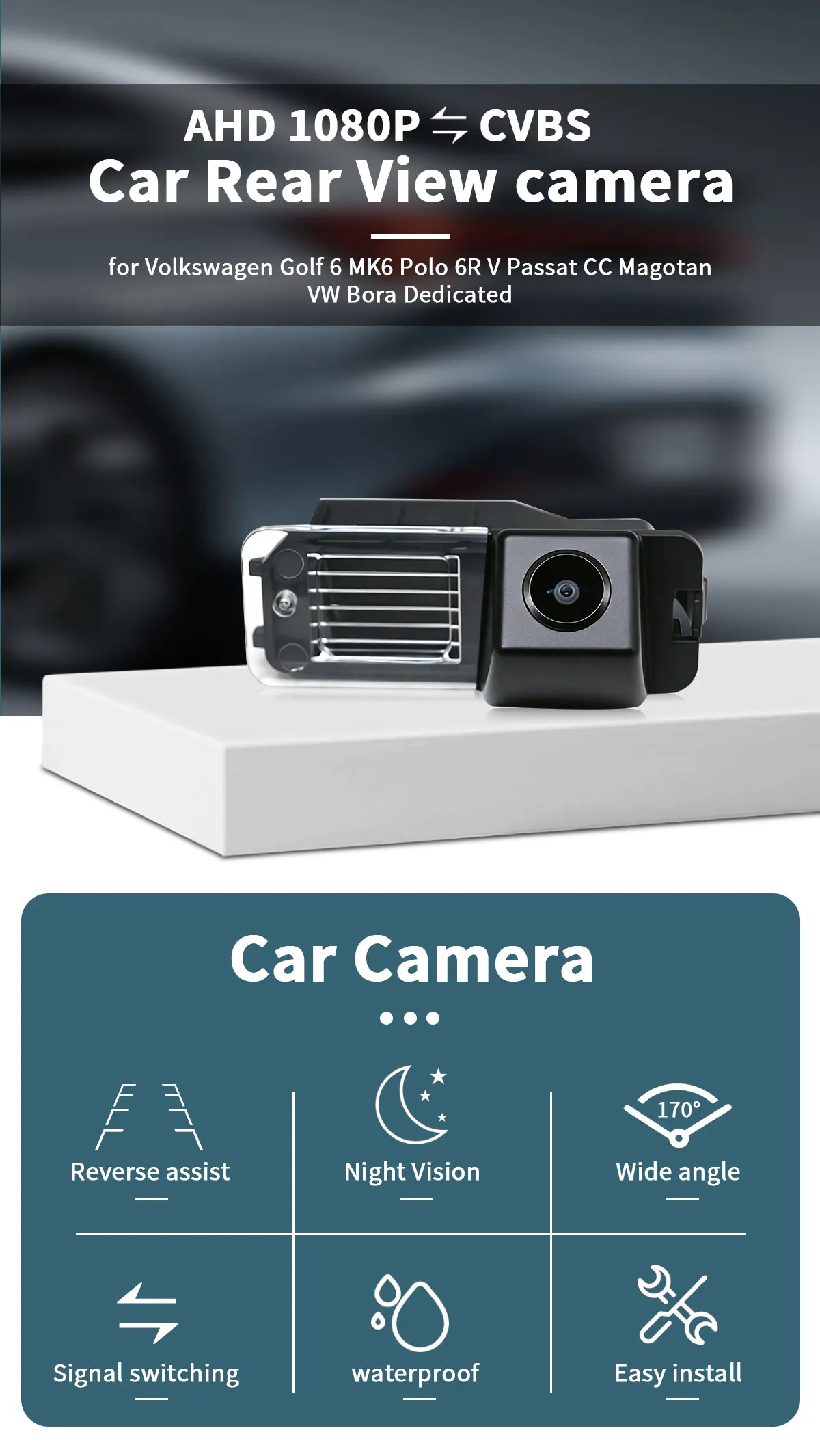 AHD 1080P Auto-Rückfahrkamera 170° ° Weitwinkel-Wasserdichter Objektiv für Volkswagen Golf 6 MK6 Polo 6R V Passat CC Magotan VW Bora – Detail 1