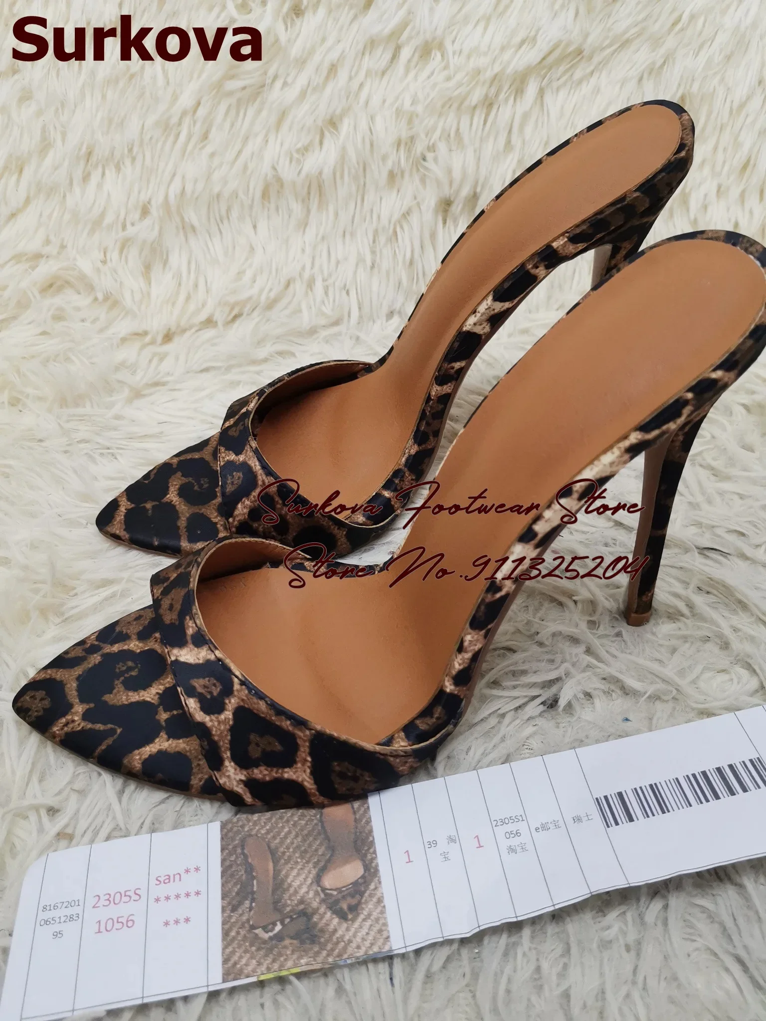 Surkova Leopard Satin Cloth High Heel Slippers Women Slip-on Pointed Toe Dress Pumps Wexy Concise Evening Banquet Footwear