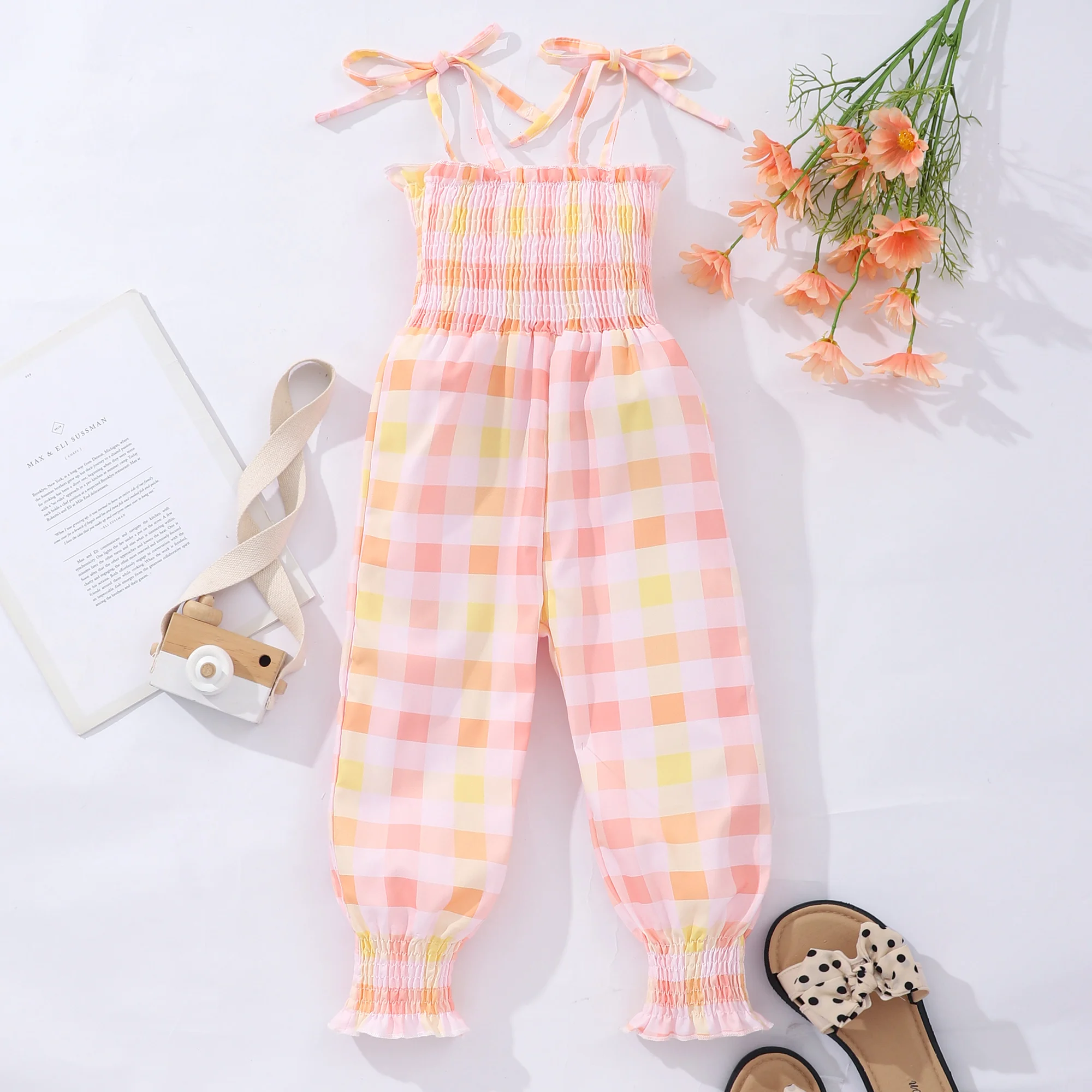 Sweet Girls Plaid Bow Decor Cami Jumpsuit Romper For Summer Party Gift