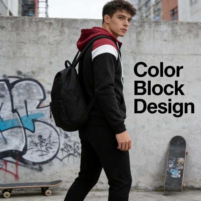 

2026 New European and American Men's Color-Blocked Fashion Zip-Up Casual Hooded Sweatshirt Set