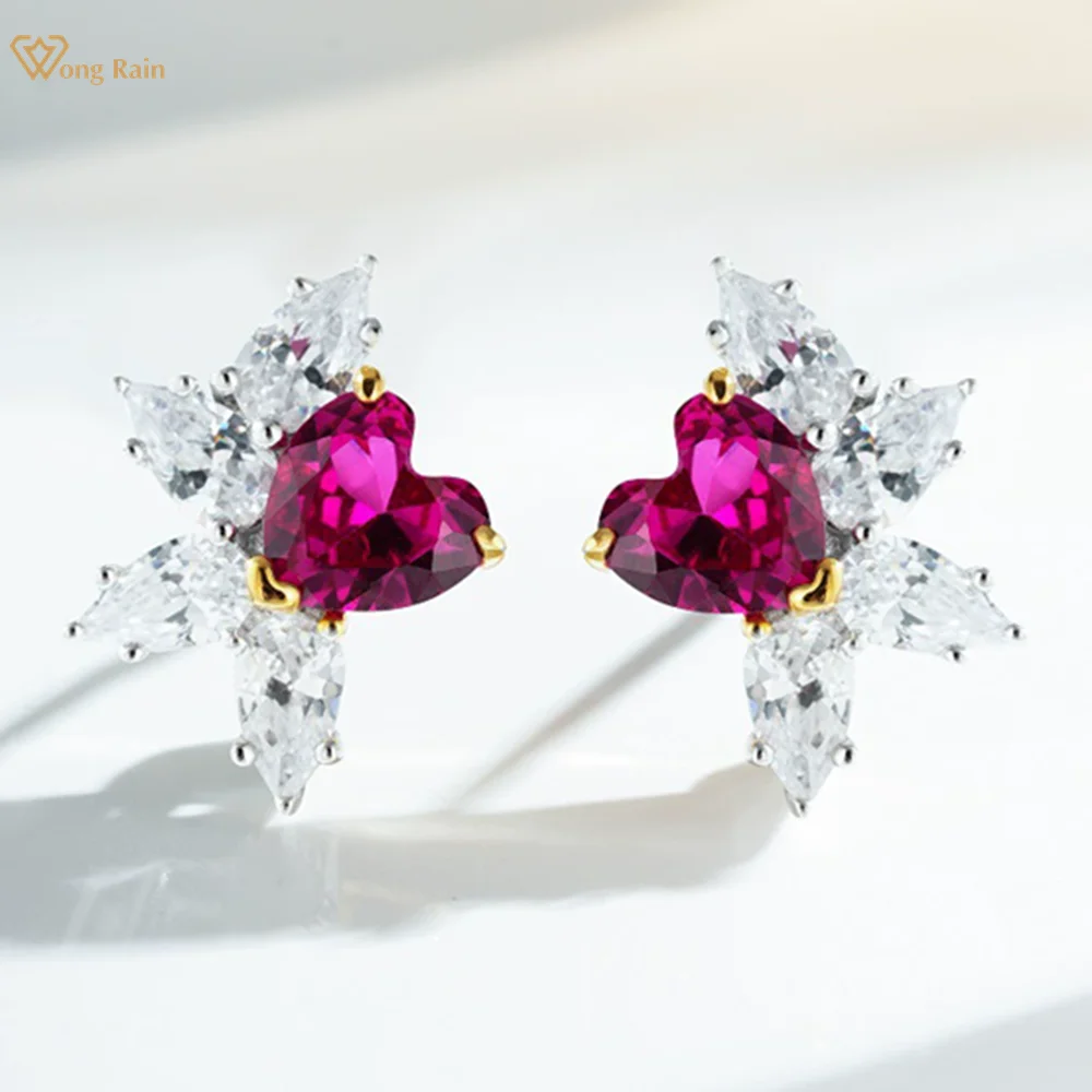 

Wong Rain Sparkling Solid 925 Sterling Silver Heart Cut Ruby High Carbon Diamond Gems Ear Studs Earrings Fine Jewelry Wholesale