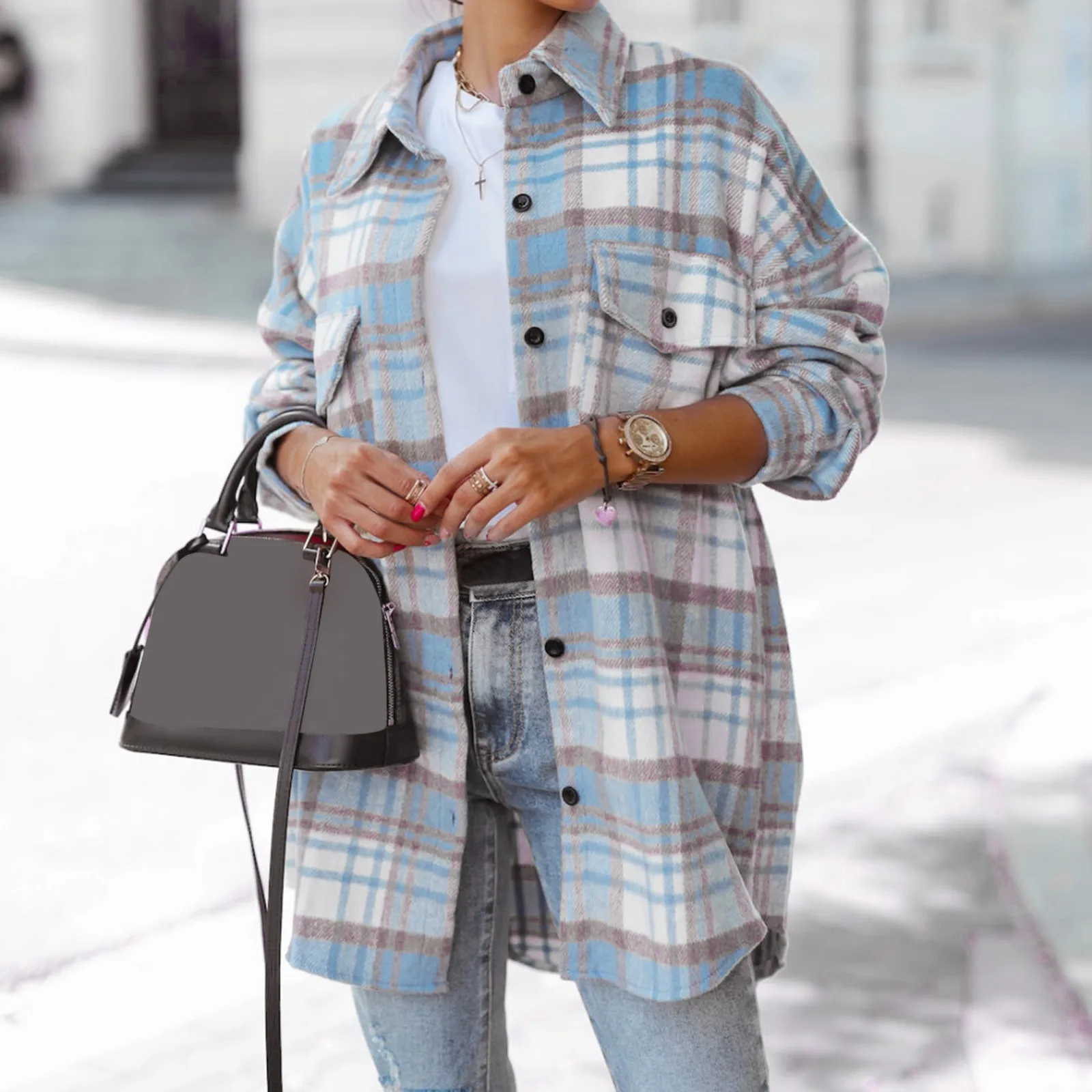 

Women's Flannel Plaid Light Weight Thin Jacket Shirts Raglan Chest Long Sleeve Button Down Pocketed Shirts Coats Leisure Blouse