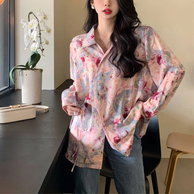 Retro printed long sleeves shirt for women\'s spring autumn new artistic style high-end loose slimming temperament elegant top