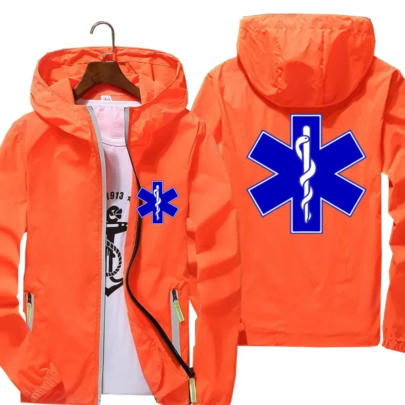 Casual Men Windbreaker Thin Reflective Sunscreen EMT Emergency Ambulance Hooded Coat Fashion Pilot Cycling Jacket