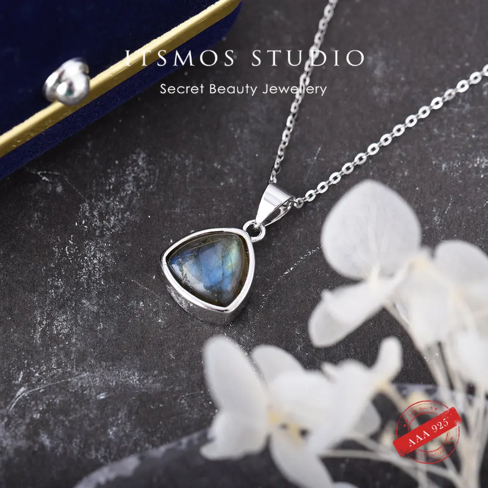 ITSMOS s925 Sterling Silver Chain Necklace Natural Labradorite Aquamarine Pendant Necklace Simple Elegant Jewelry for Women