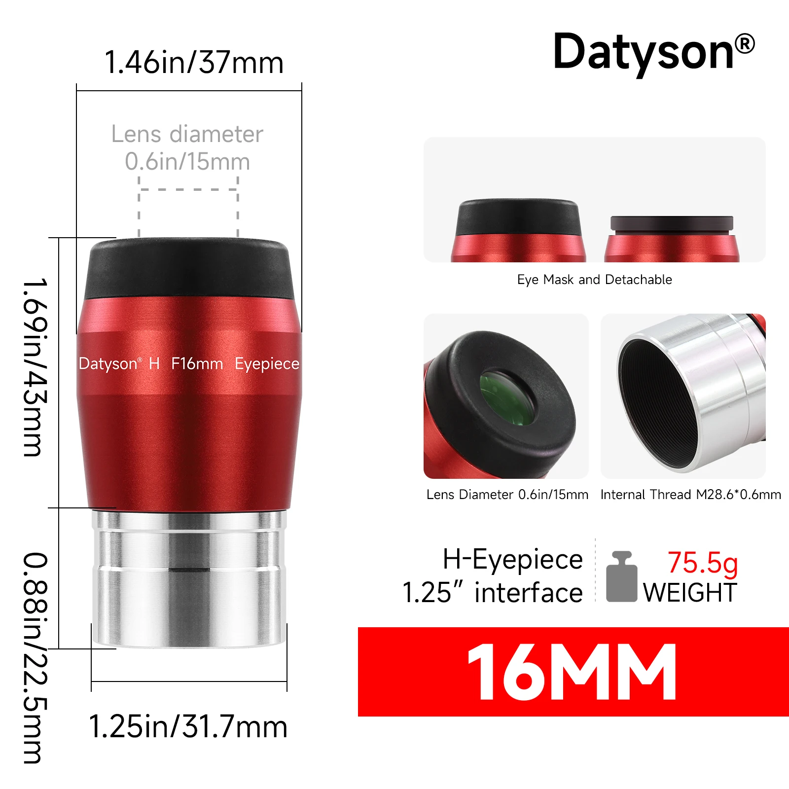 Datyson 1.25' telescoopoculair 4 mm 10 mm 16 mm 20 mm optioneel - FMC gecoate Huygens-oculairs voor planetaire en diepe hemelobservatie