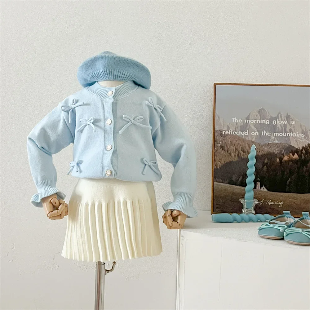 Girls Sets 2024 Autumn and Winter New Girls Bow Knitted Sweater Cardigan Solid Pleated Skirts Baby Girls Stylish Two-piece Set