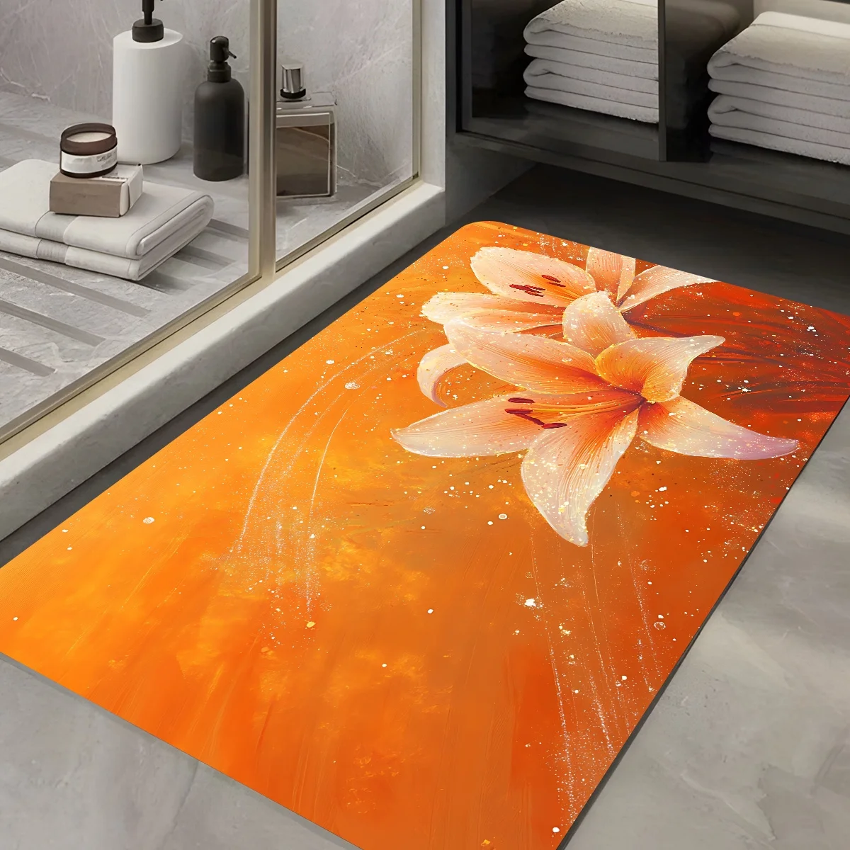 1pc Orange lily pattern floor mat, polyester fabric, machine washable, suitable for bedroom and living room decoration