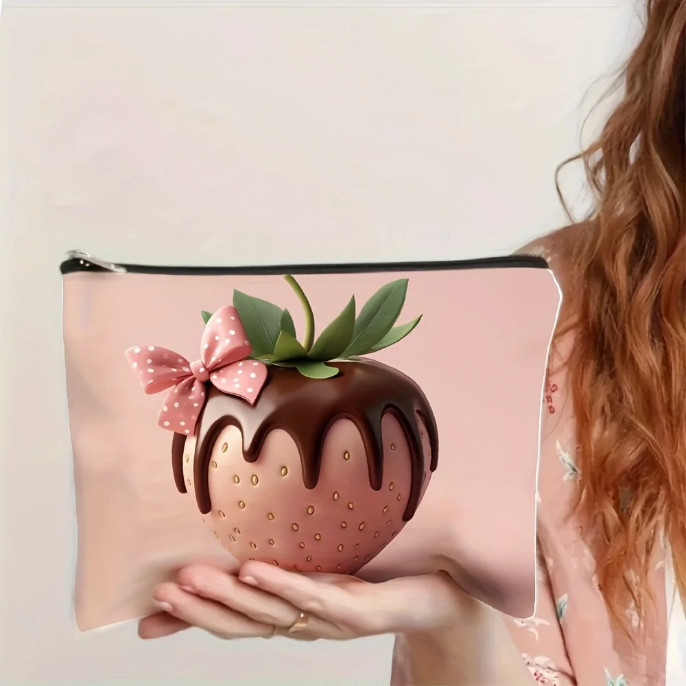 A Fashionable strawberry chocolate printed makeup bag- multifunctional zipper pouch, jewelry storage bag, perfect travel zipper