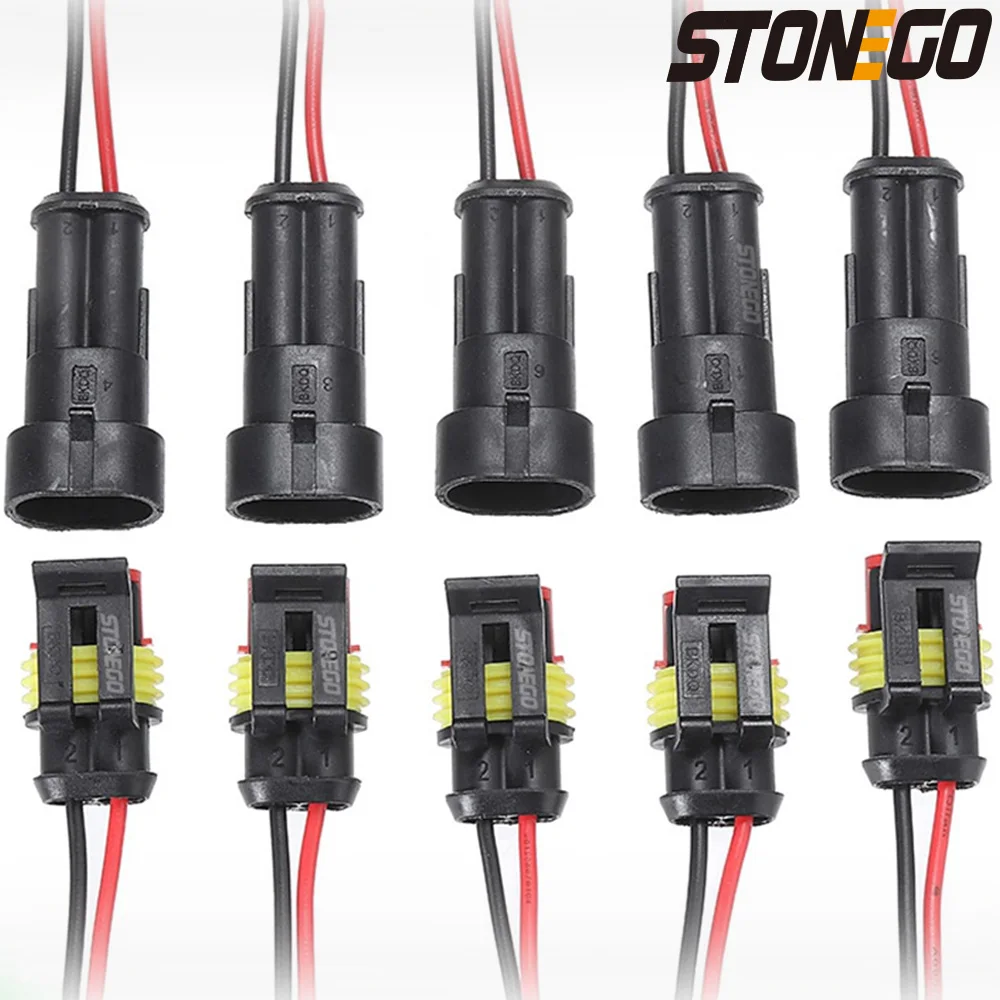 STONEGO 5/10 Pairs Waterproof 2-Pin Electrical Connectors with Wire for Car, Motorcycle, Scooter, and Marine Use