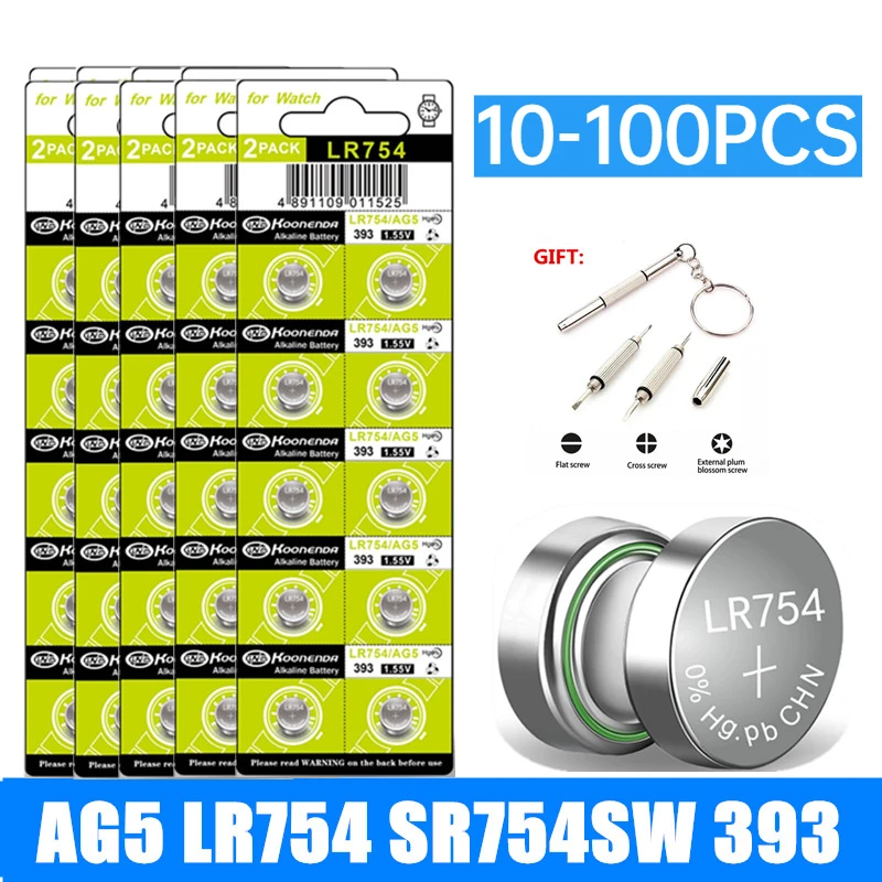 10-100pcs AG5 Button Cell Battery 1.5V LR754 Battery 393 SR48 L754 SR754 Alkailine Coin Batteries Long Shelf Life No Mercury