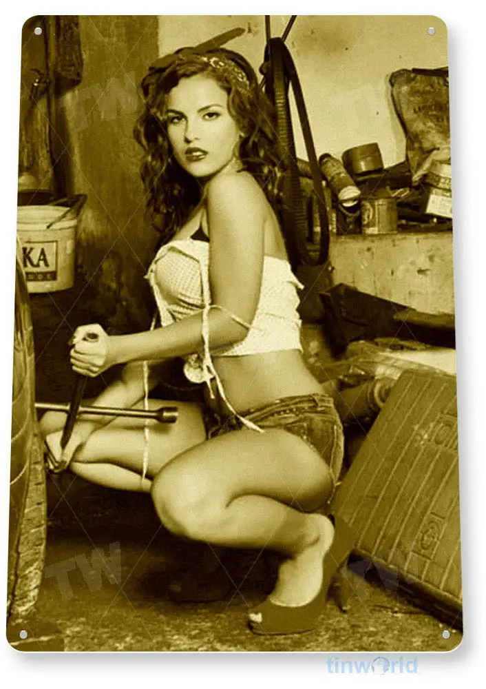Tinworld Tin Sign Big Tires Hot Rod Pin-Up Girl Auto Shop Garage Metal Sign Decor B478