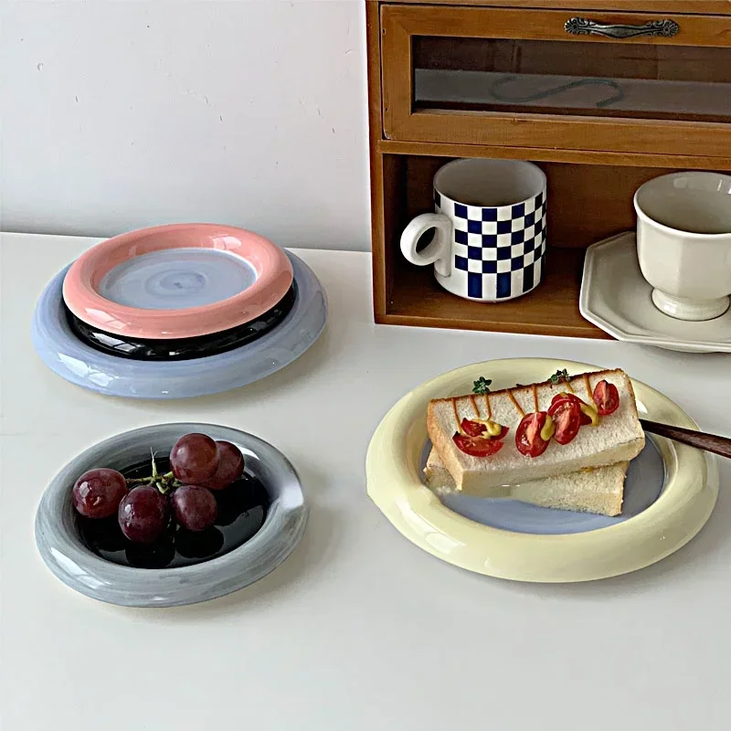 Korean Flat Plate Hand Paint Jewelry Storage Tray Dessert Plate Fruit Storage Cute Dish Ceramic Plates Candy Flat Bowl