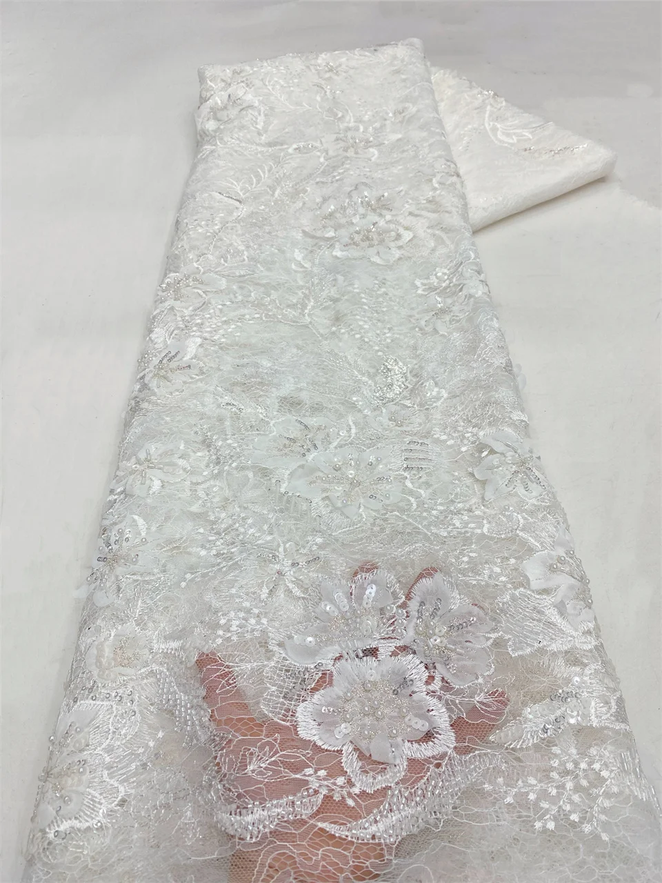 2026 Handmade Beaded Lace Fabric France Sequins Embroidery 3D Beads Nigerian Bridal Mesh Lace Fabric for Sewing CFS5823