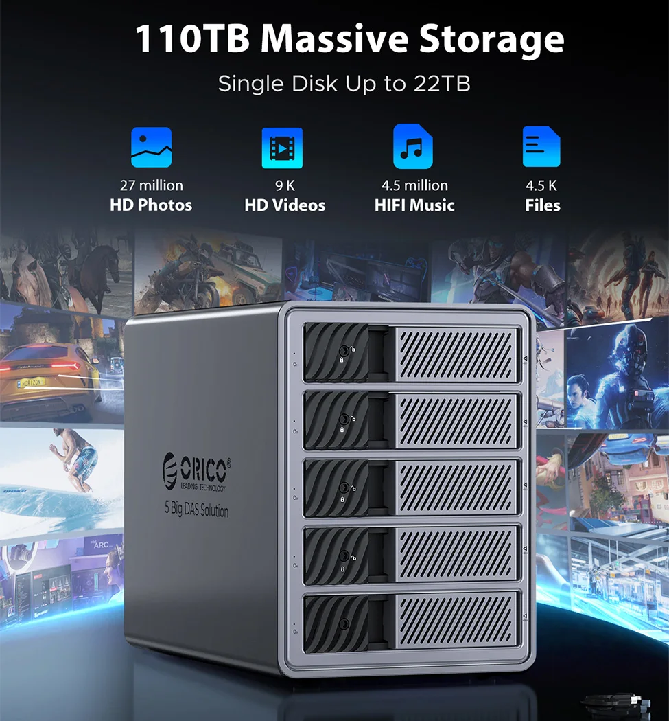 ORICO Estación de acoplamiento de disco duro 7 RAID 2,5/3,5 "SATA HDD SSD carcasa 150W USB 3,0 5Gbps DAS ventilador de refrigeración de aluminio para PC portátil