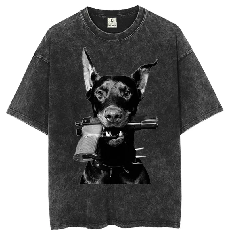 2023 Men Gothic T-shirts Hip Hop Streetwear Letter Dog Printed Punk Tops Summer Vintage Washed Oversized Short Sleeve T Shirts