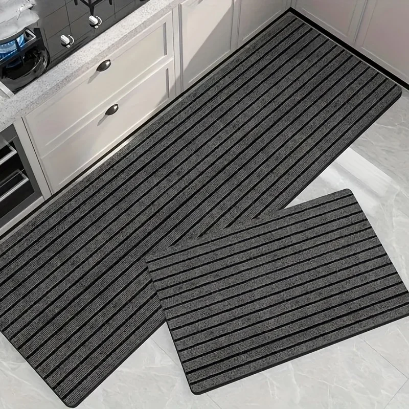 2pcs Absorbent and Non-Slip Grey Stripe Kitchen Rugs Stain Resistant and Waterproof Comfortable Standing Mats for Bedroom Office