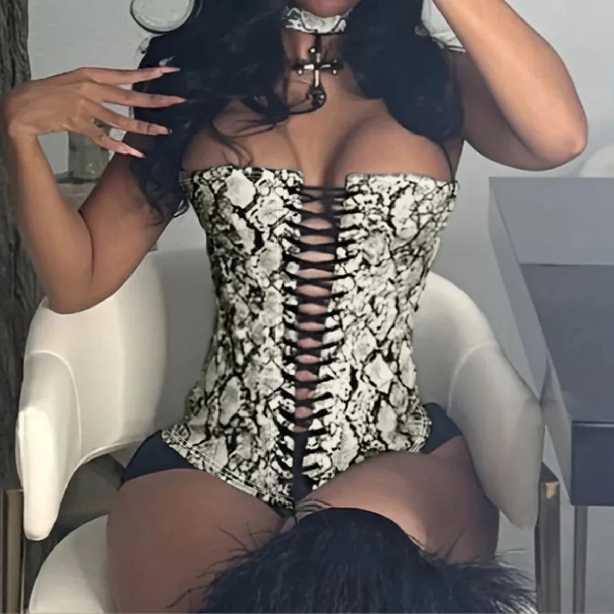 Serpentine Print Faux Leather Corset Sexy Slim Tube Top Coquette Women Skinny Vest Wild Midnight Clubwear Hipster Strapless Tops