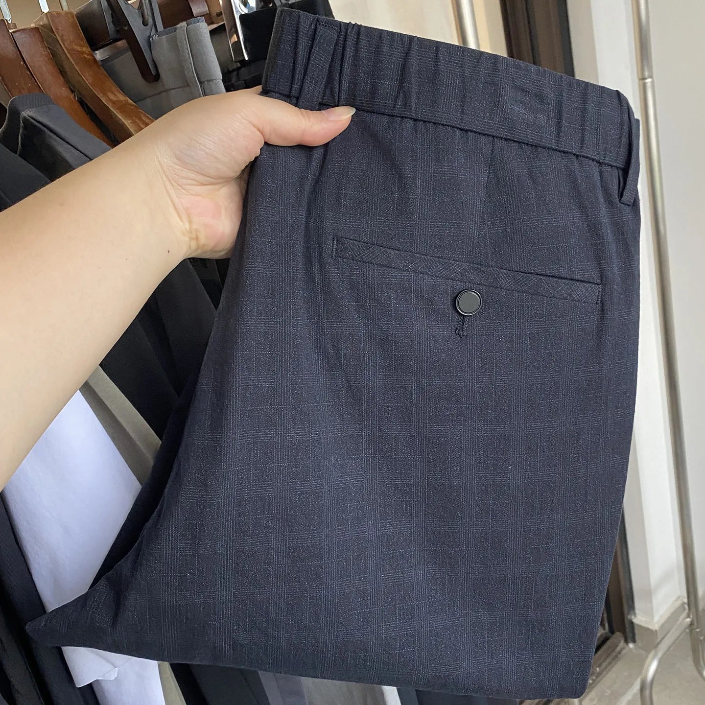 

H-Home Men's Casual Commuter Nine-Piece Pants Classic Plaid Modal Cotton Blend Busin Spring Summer Straight Leg Trousers