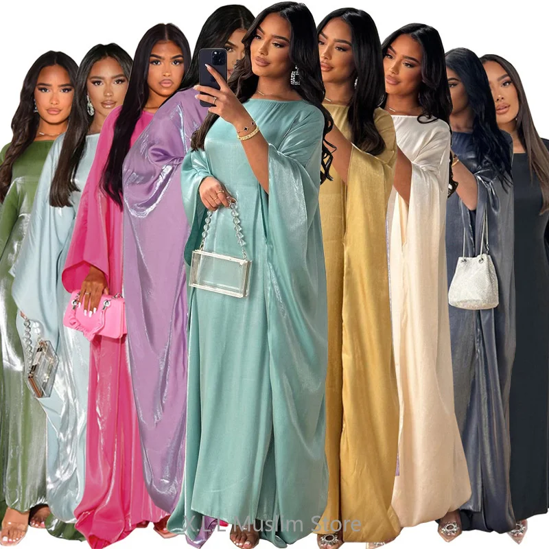 Batwing  Satin Abayas Colored Abaya Islam Prayer Dress Woman Muslim Girls Dress Kebaya Caftan Kaftan Dubai 2024 Robe Clothes