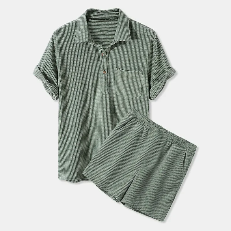 Men Sets Turn Down Collar Pullover T Shirts Two Pieces Solid Short Sleeve Tees Straight Knee Length Shorts Casual Button