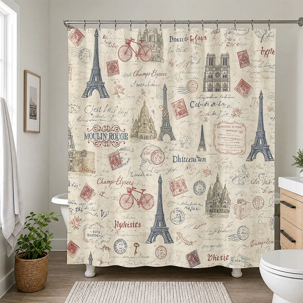 Vintage Paris Travel Map Shower Curtain French Landmark City Sketch Bathroom Decor Shower Curtain