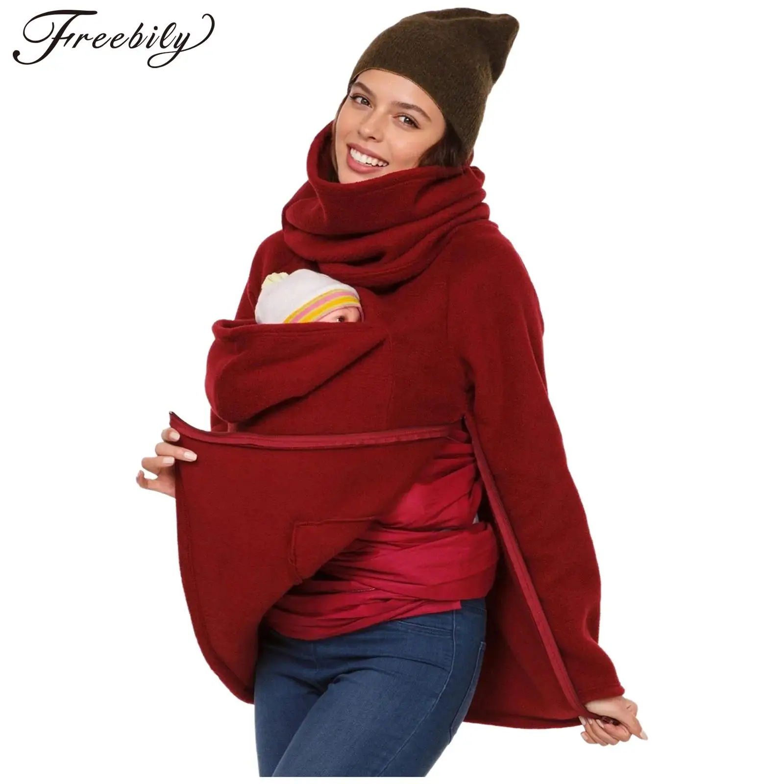 

Женская флисовая толстовка для беременных, зимняя, ветрозащитная, с драпировкой, высоким воротником, длинными рукавами, боковой молнией, теплая, с капюшоном и карманом